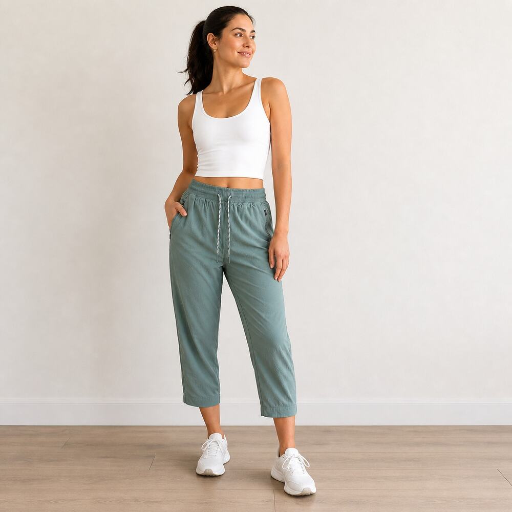 Athleta Cropped Jogger Pants Green Lightweight Zip Pocket Size 8